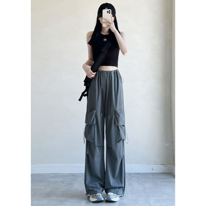 High Rise Drawstring Pocket Plain Wide Leg Parachute Cargo