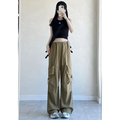 High Rise Drawstring Pocket Plain Wide Leg Parachute Cargo