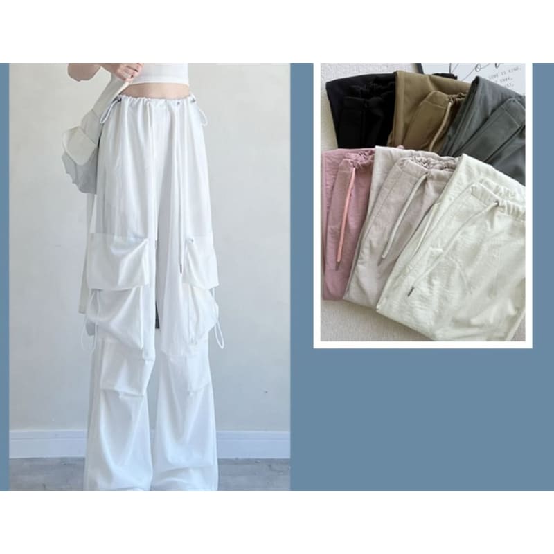 High Rise Drawstring Pocket Plain Wide Leg Parachute Cargo