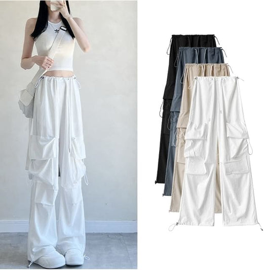 High Rise Drawstring Pocket Plain Wide Leg Parachute Cargo