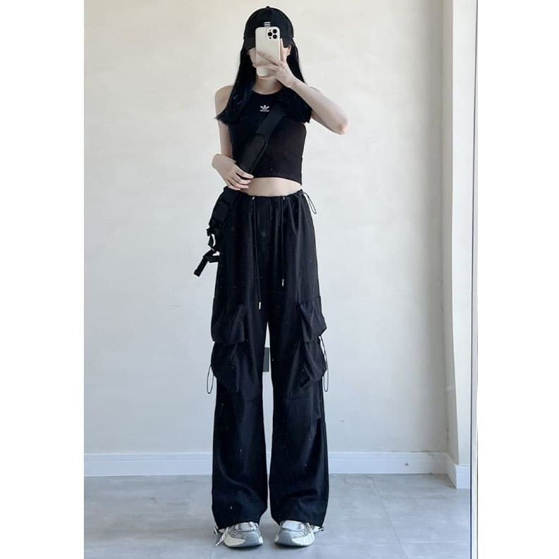 High Rise Drawstring Pocket Plain Wide Leg Parachute Cargo