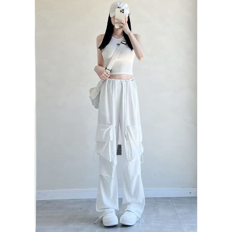 High Rise Drawstring Pocket Plain Wide Leg Parachute Cargo