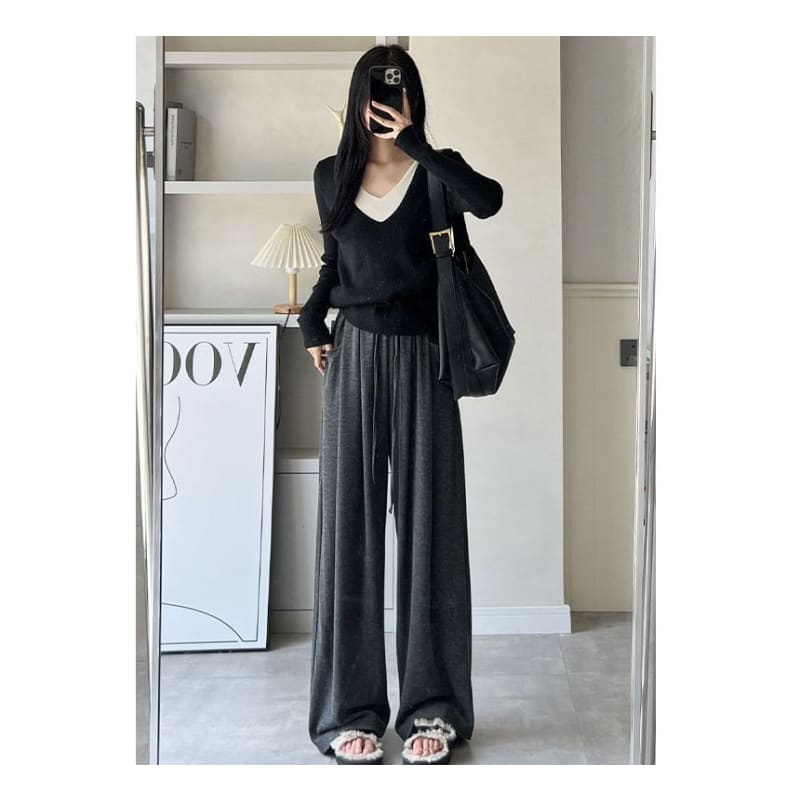 High Rise Drawstring Pocketed Drape Knit Wide Leg Plain