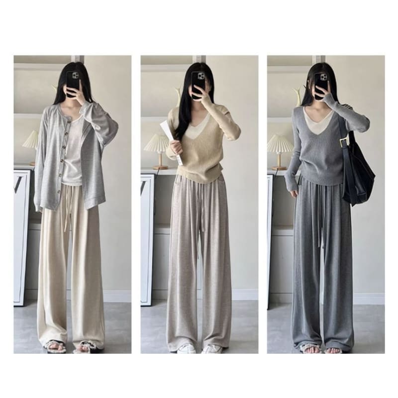 High Rise Drawstring Pocketed Drape Knit Wide Leg Plain