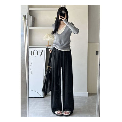 High Rise Drawstring Pocketed Drape Knit Wide Leg Plain