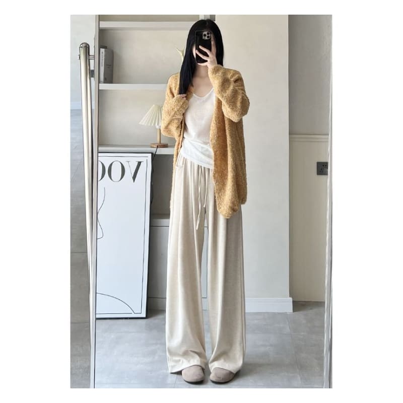 High Rise Drawstring Pocketed Drape Knit Wide Leg Plain