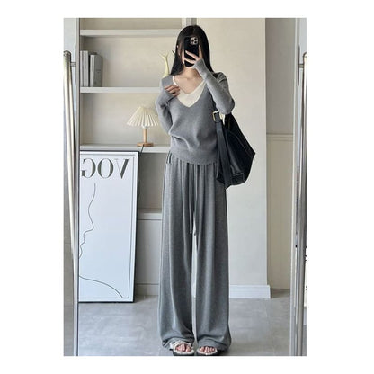 High Rise Drawstring Pocketed Drape Knit Wide Leg Plain