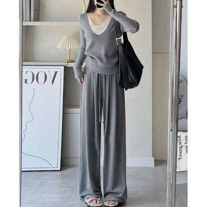 High Rise Drawstring Pocketed Drape Knit Wide Leg Plain