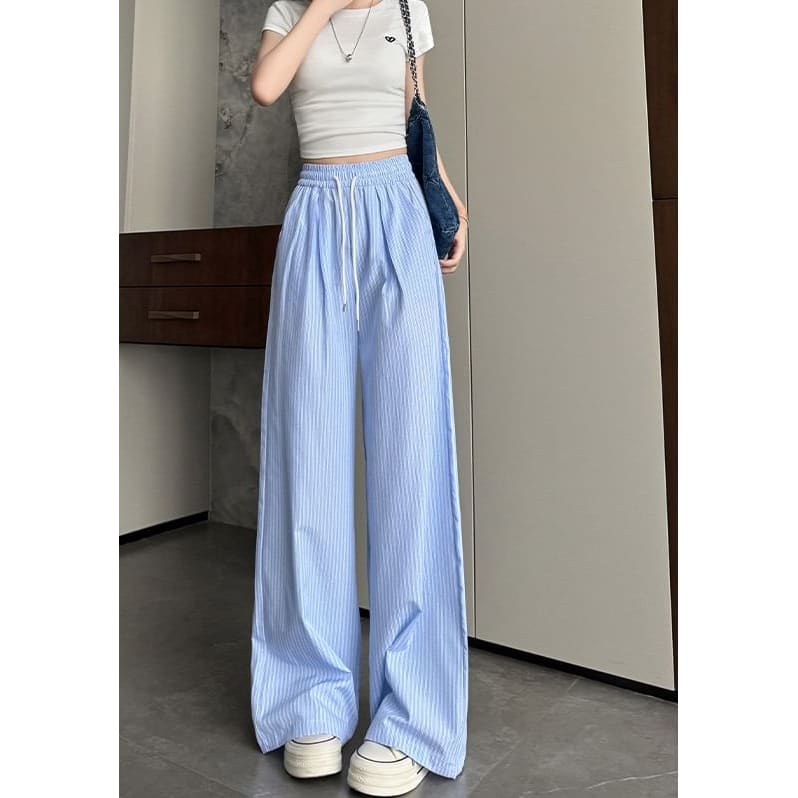 High Rise Drawstring Stripe Wide Leg Sweatpants