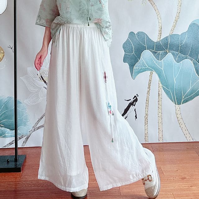 High Rise Floral Embroidered Wide Leg Pants