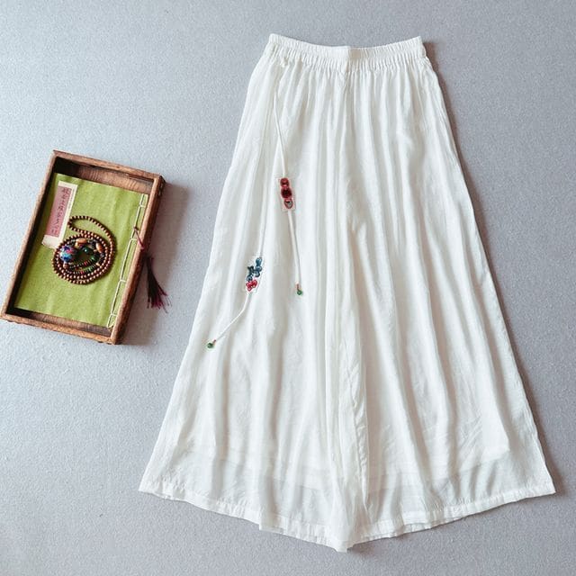 High Rise Floral Embroidered Wide Leg Pants - White