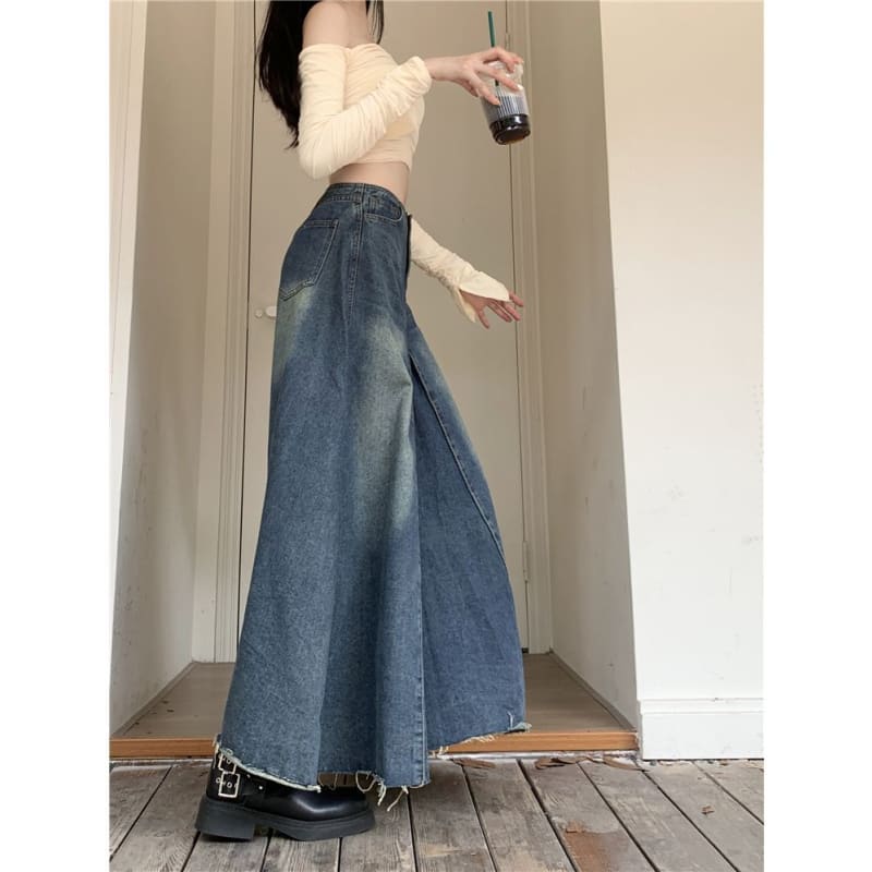 High Rise Frayed Denim Maxi