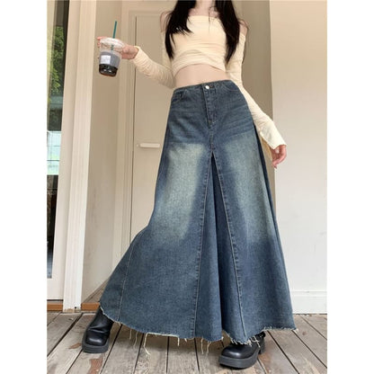 High Rise Frayed Denim Maxi