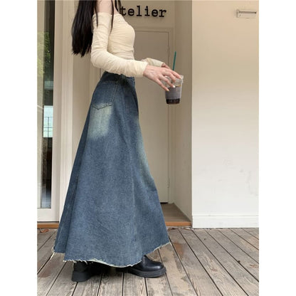 High Rise Frayed Denim Maxi