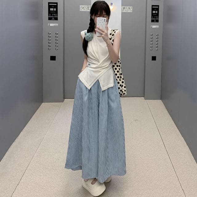 High Rise Gingham Wide Leg - Blue / S