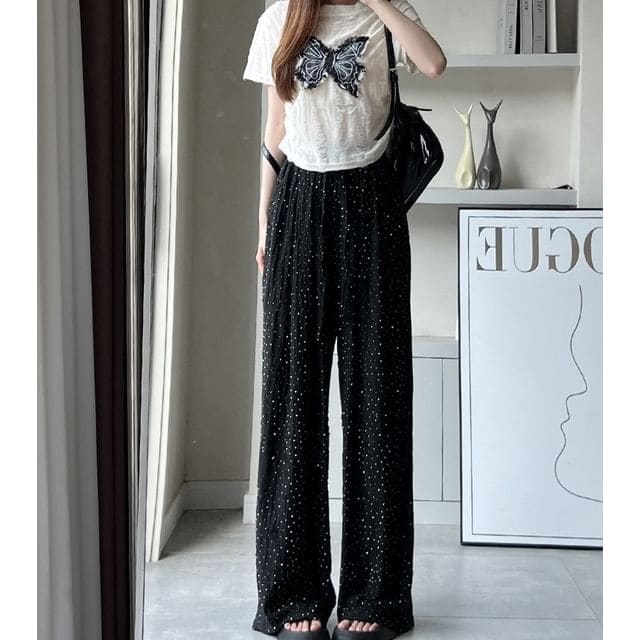 High Rise Glitter Torn Wide Leg Sweatpants