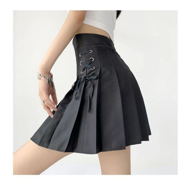 High Rise Lace-Up Plain Mini Pleated Skirt - 1812 - Gray / S