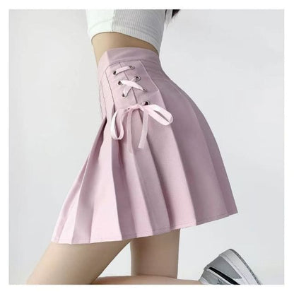 High Rise Lace-Up Plain Mini Pleated Skirt - 1812 - Pink / S