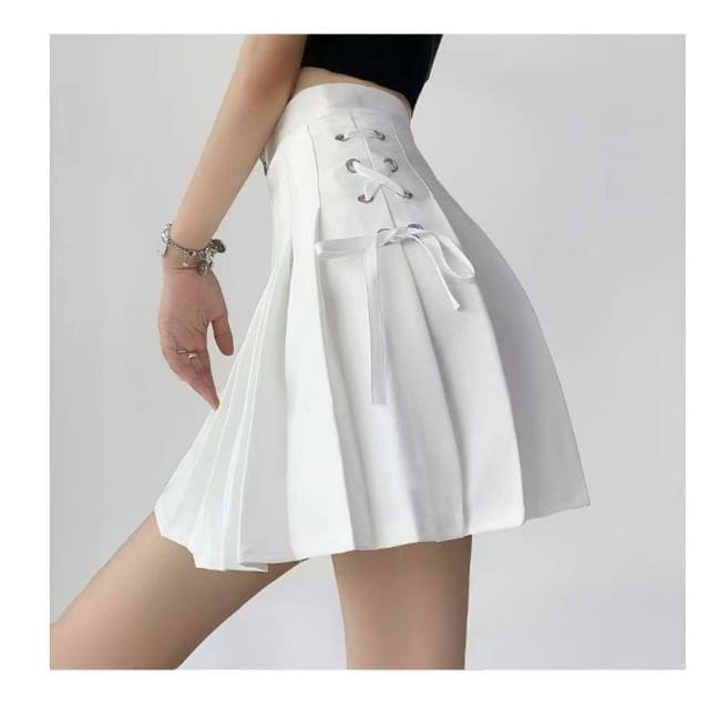 High Rise Lace-Up Plain Mini Pleated Skirt - 1812 - White