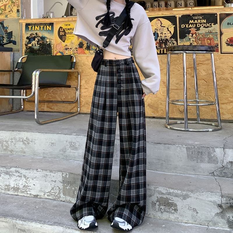 High Rise Plaid Wide Leg Dress Pants