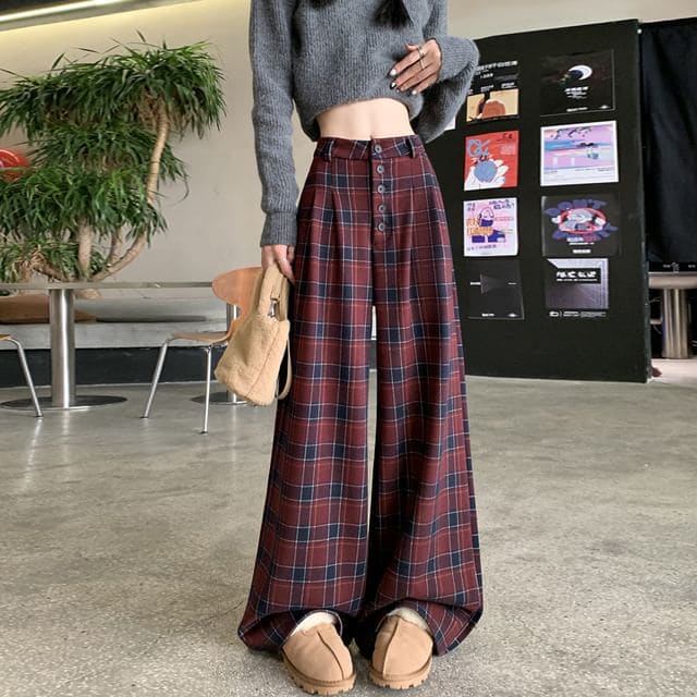 High Rise Plaid Wide Leg Dress Pants - Plaid - Black / S