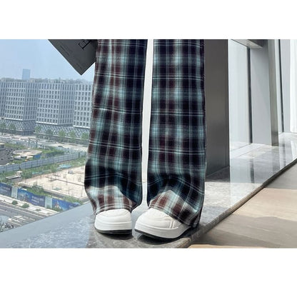 High Rise Plaid Wide Leg Pants (Various Designs)