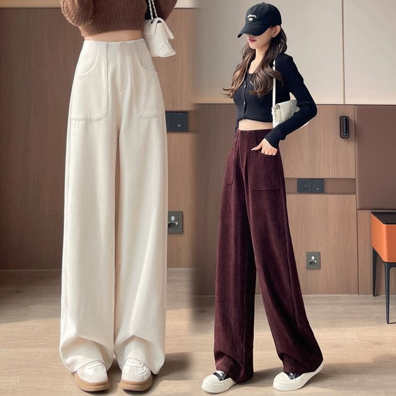 High Rise Plain Corduroy Wide Leg Pants