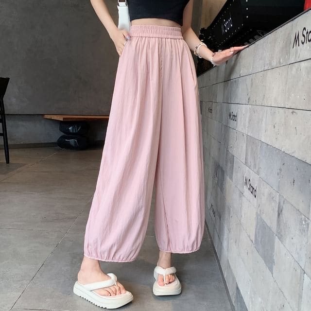 High Rise Plain Cropped Harem Pants - Pink / XS