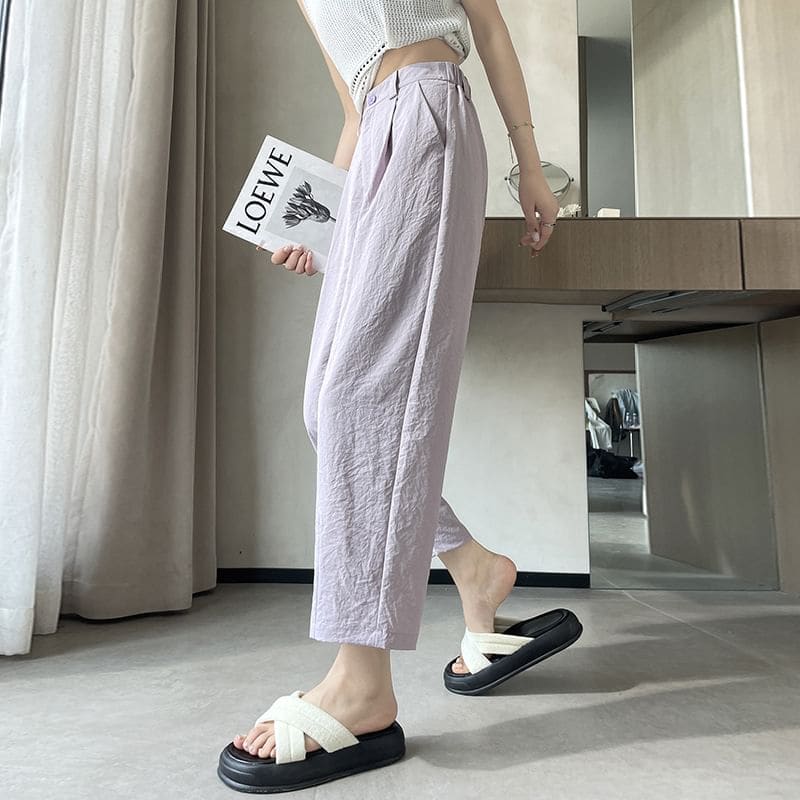 High Rise Plain Cropped Straight Leg Pants - Pants