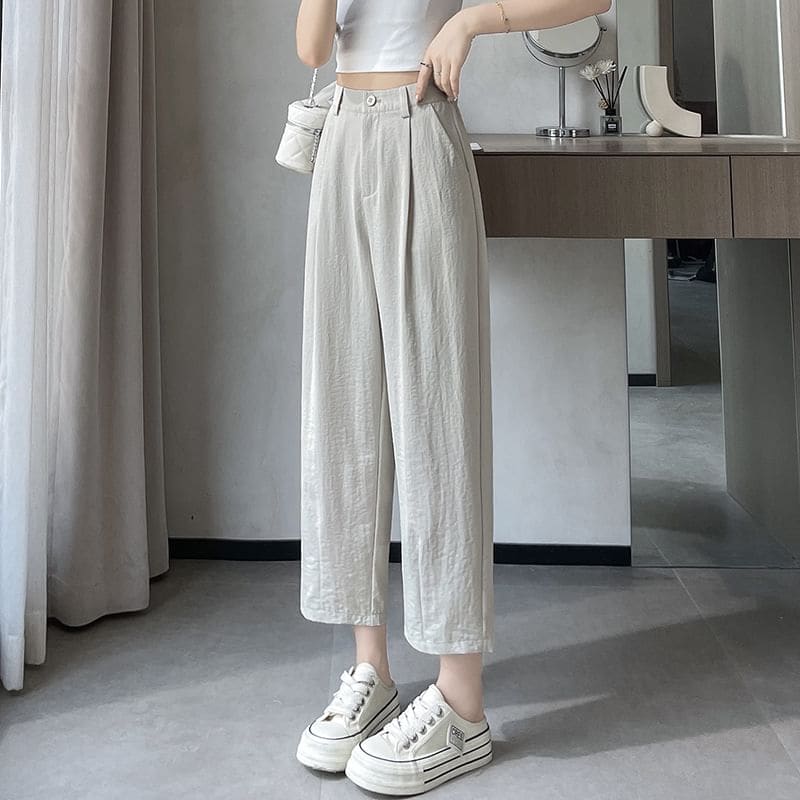 High Rise Plain Cropped Straight Leg Pants - Pants