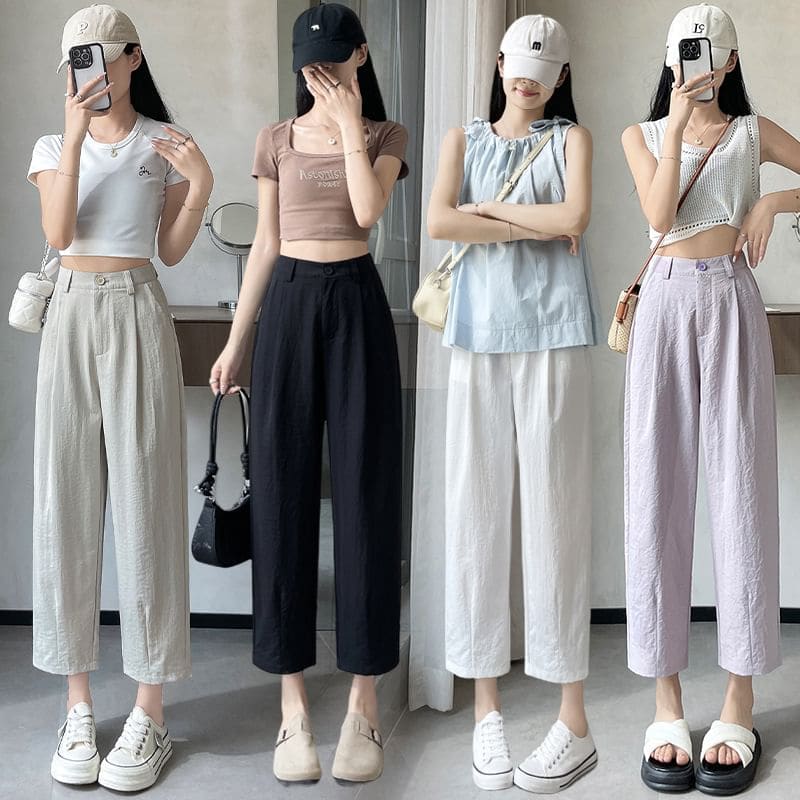 High Rise Plain Cropped Straight Leg Pants - Pants