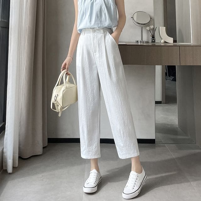 High Rise Plain Cropped Straight Leg Pants - Pants