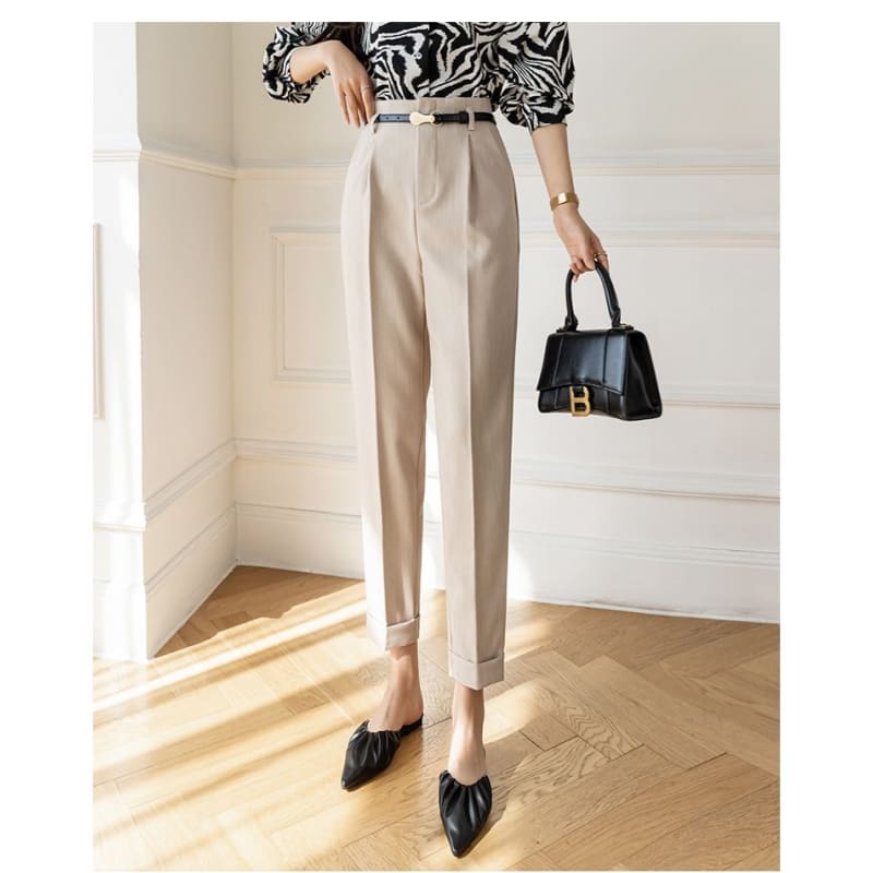 High Rise Plain Cropped Tapered Slacks