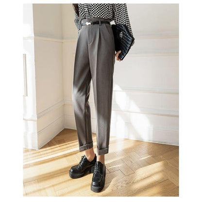 High Rise Plain Cropped Tapered Slacks - Gray / S