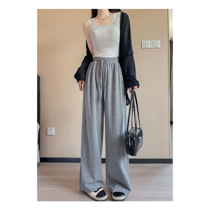 High Rise Plain Drawstring Drape Wide Leg Sweatpants