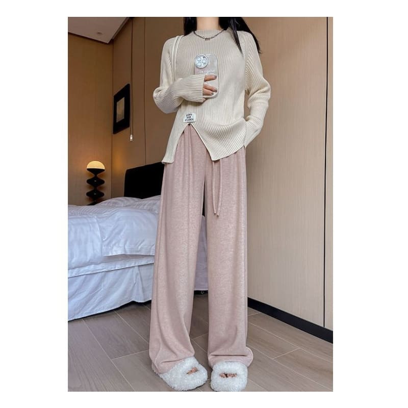 High Rise Plain Drawstring Drape Wide Leg Sweatpants