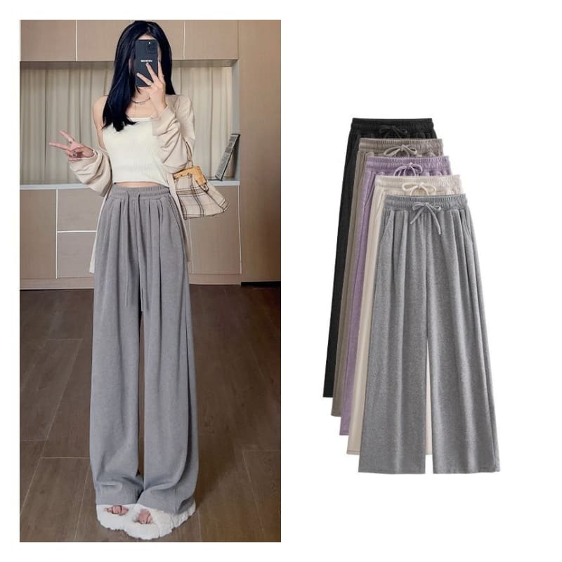 High Rise Plain Drawstring Drape Wide Leg Sweatpants