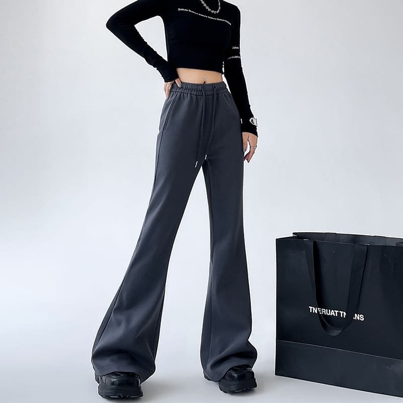 High Rise Plain Drawstring Flare Sweatpants