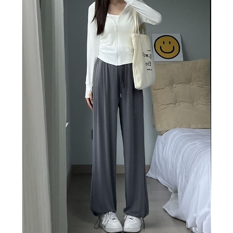 High Rise Plain Drawstring Gather Cuff Wide Leg Sweatpants