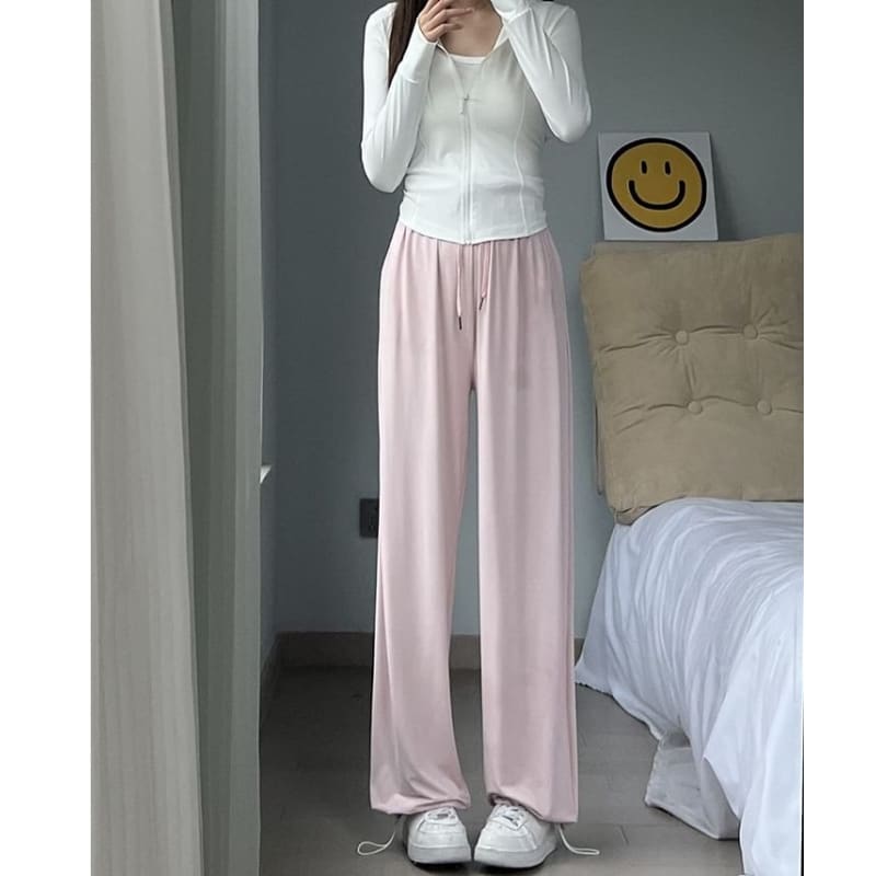 High Rise Plain Drawstring Gather Cuff Wide Leg Sweatpants