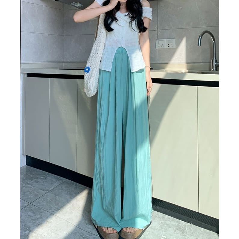 High Rise Plain Elastic Waist Wide Leg Pants