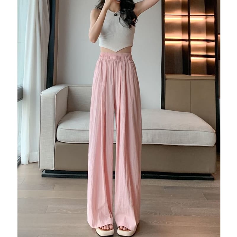 High Rise Plain Elastic Waist Wide Leg Pants