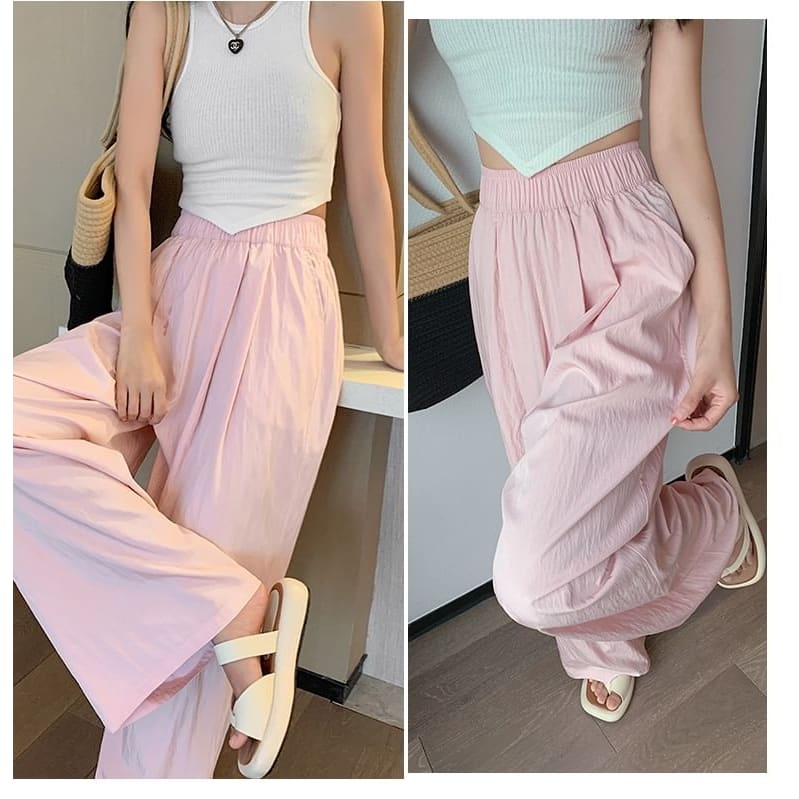 High Rise Plain Elastic Waist Wide Leg Pants