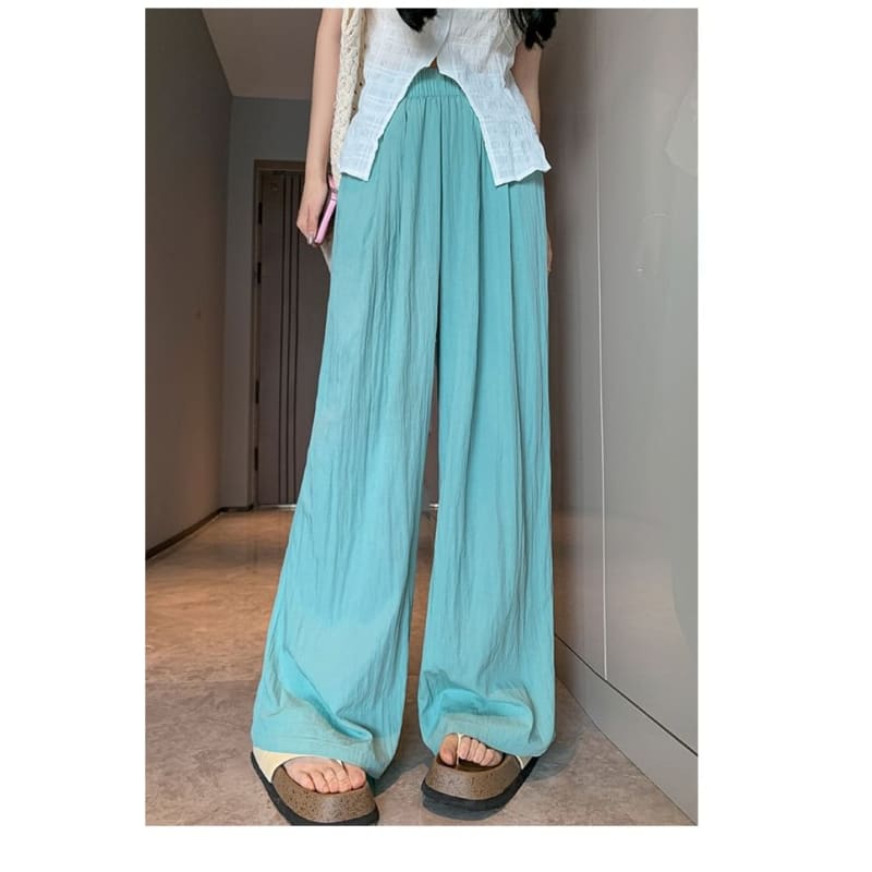 High Rise Plain Elastic Waist Wide Leg Pants