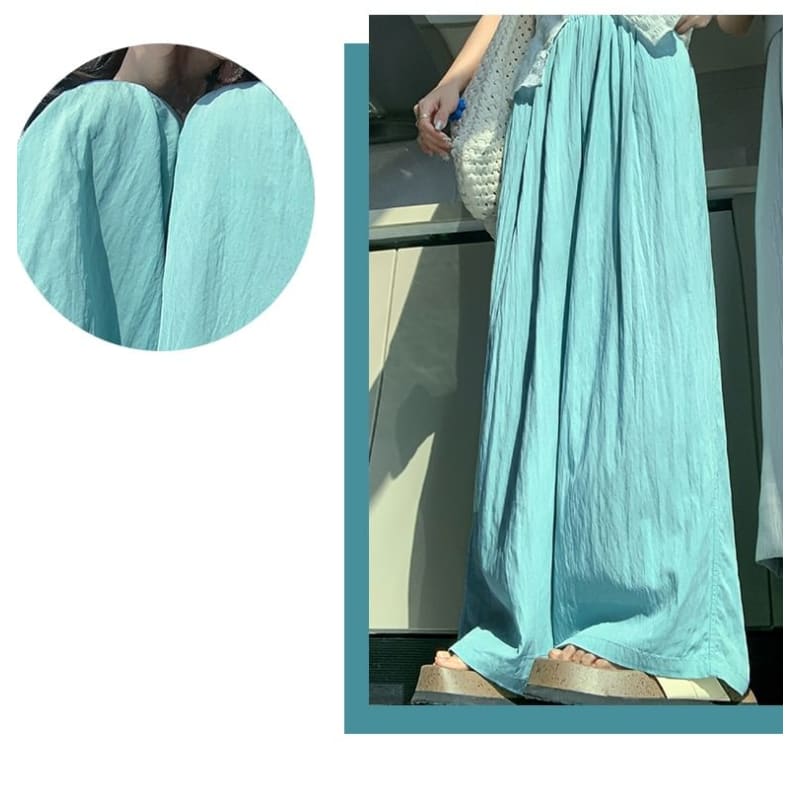 High Rise Plain Elastic Waist Wide Leg Pants