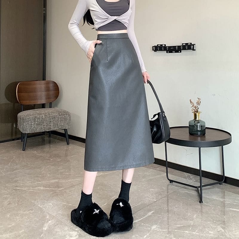 High Rise Plain Faux Leather Midi A-Line Skirt