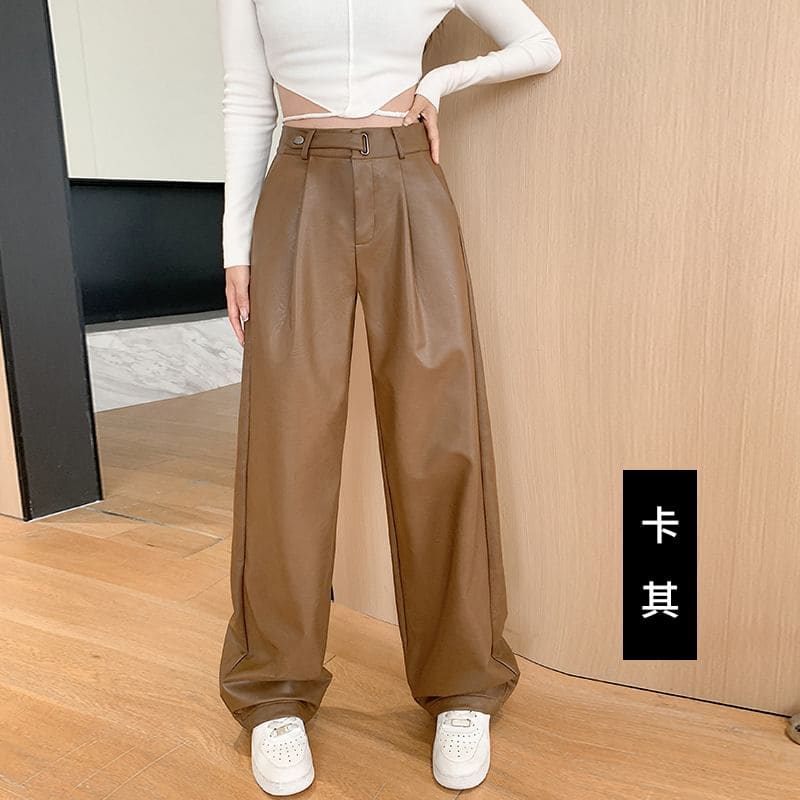 High Rise Plain Faux Leather Wide Leg Suit Pants - Pants