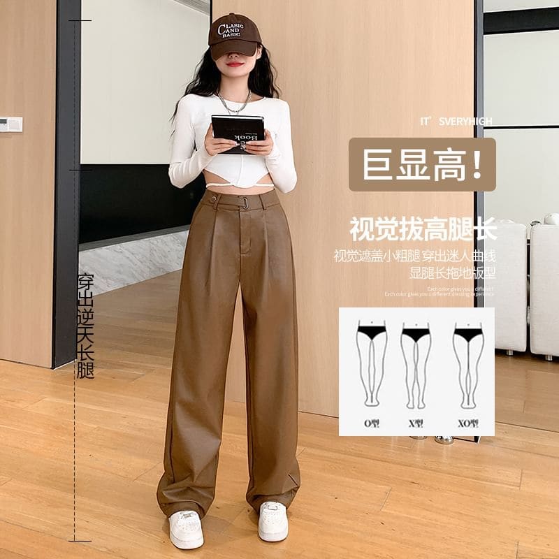 High Rise Plain Faux Leather Wide Leg Suit Pants - Pants