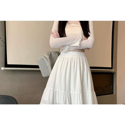 High Rise Plain Frill Trim Midi A-Line Skirt