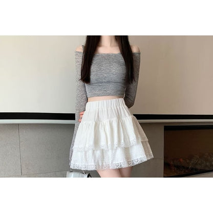 High Rise Plain Lace Trim Layered Mini A-Line Skirt